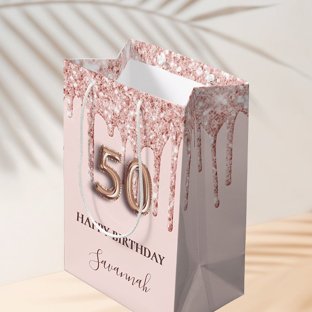 50th birthday blush pink glitter drips rose gold medium gift bag (Creator Uploaded)