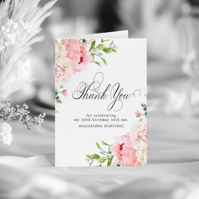 50th Birthday Blush Pink Peony Floral Folded Thank You Card (Creator Uploaded)