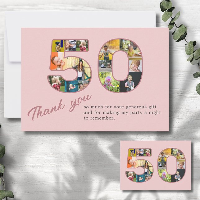 50th Birthday Blush Pink Photo Collage Thank You (Blush dusty pink 50th birthday thank you card with photo collage.)