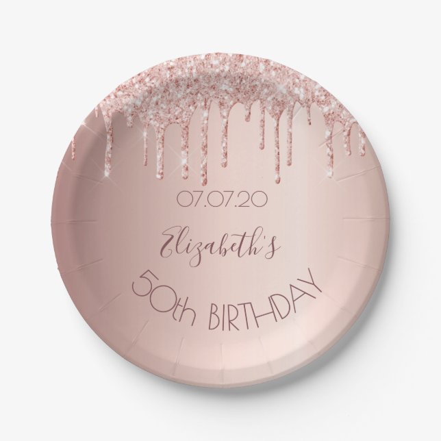 50th birthday blush rose gold drips name paper plate (Front)