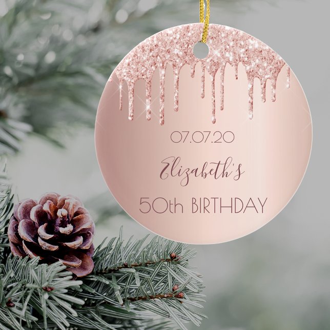 50th birthday blush rose gold glitter drips name ceramic ornament (Creator Uploaded)