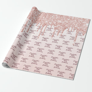 50th Birthday blush rose gold glitter drips name Wrapping Paper