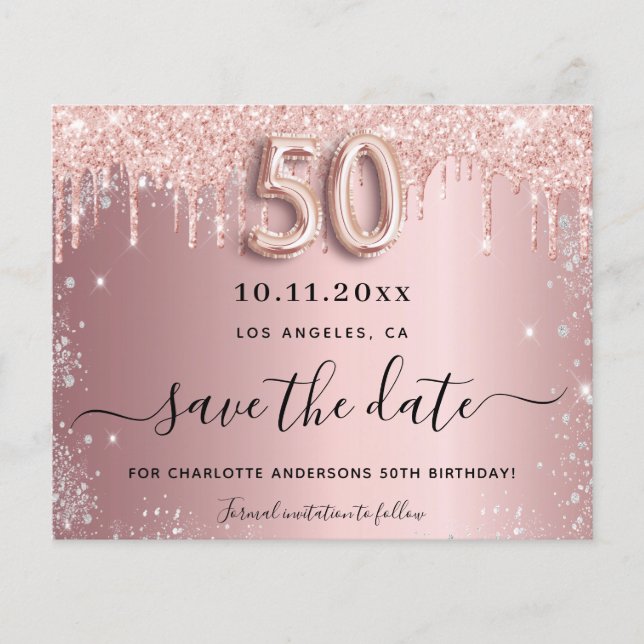 50th birthday blush silver budget save the date flyer (Front)