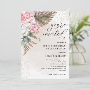 50th Birthday Boho Tropical Foliage and Flowers Invitation