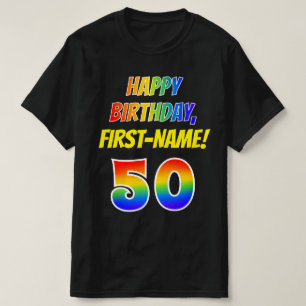 50th Birthday — Bold, Fun, Rainbow 50, Custom Name T-Shirt