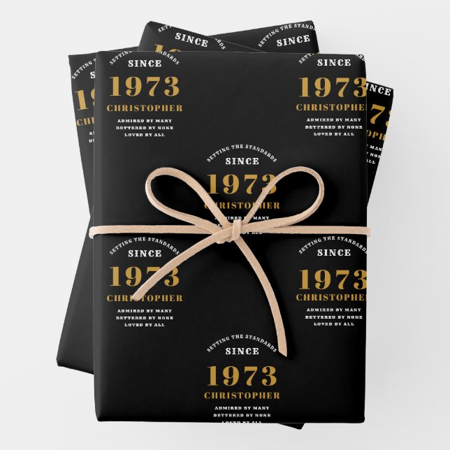 50th Birthday born 1973 Add Name Black Gold Wrapping Paper Sheet (In situ)
