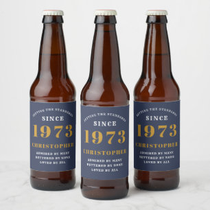 50th Birthday Born 1973 Add Name Blue Gold Beer Bottle Label