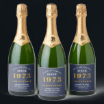 50th Birthday Born 1973 Add Name Blue Gold Sparkling Wine Label<br><div class="desc">Personalized Birthday add your name and year sparkling wine label. Edit the name and year with the template provided. A wonderful custom blue birthday party accessory. More gifts and party supplies available with the "setting standards" design in the store.</div>