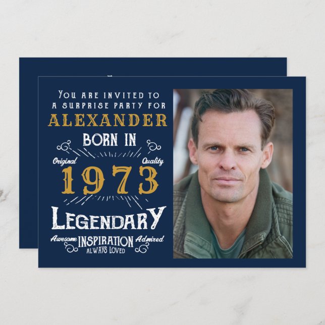 50th Birthday Born 1973 Blue Gold Retro Invitation (Front/Back)