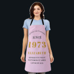 50th Birthday Born 1973 Pink Grey Lady's Apron<br><div class="desc">A personalised classic pink apron design for that birthday celebration. Add the name to this vintage retro style pink, grey and gold design for a custom birthday gift. Easily edit the name and year with the template provided. A wonderful custom birthday gift. More gifts and party supplies for that party...</div>