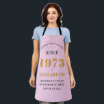 50th Birthday Born 1973 Pink Grey Lady's Apron<br><div class="desc">A personalised classic pink apron design for that birthday celebration. Add the name to this vintage retro style pink, grey and gold design for a custom birthday gift. Easily edit the name and year with the template provided. A wonderful custom birthday gift. More gifts and party supplies for that party...</div>