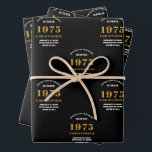 50th Birthday born 1975 Add Name Black Gold Wrapping Paper Sheet<br><div class="desc">A personalised wrapping paper design for that birthday celebration for a special person. Add the name to this vintage retro style black and gold design for a custom birthday gift. Easily edit the name and year with the template provided. A wonderful custom birthday gift. More gifts and party supplies for...</div>