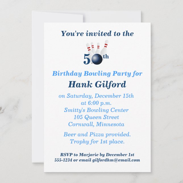 50th Birthday Bowling Party Invitation (Front)