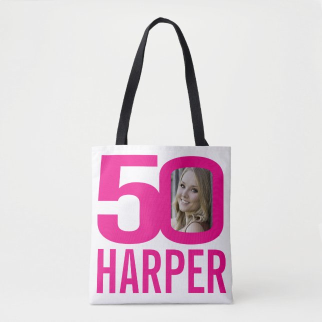 50th birthday bright pink 50 custom photo tote bag (Front)