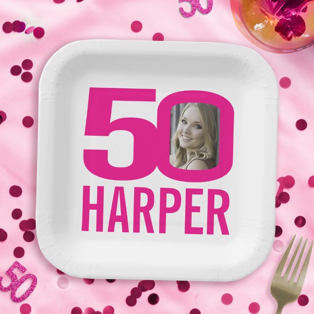50th birthday bright pink white 50 custom photo paper plate (Creator Uploaded)