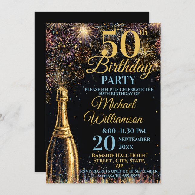 50th Birthday Bubbly Fireworks Gold Blue Invitation (Front/Back)