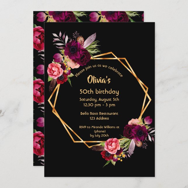 50th birthday burgundy floral gold geometric black invitation (Front/Back)