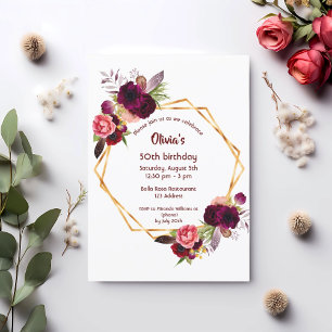 50th birthday burgundy florals gold geometric invitation