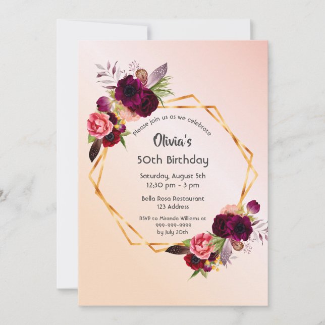 50th birthday burgundy florals rose gold geometric invitation (Front)