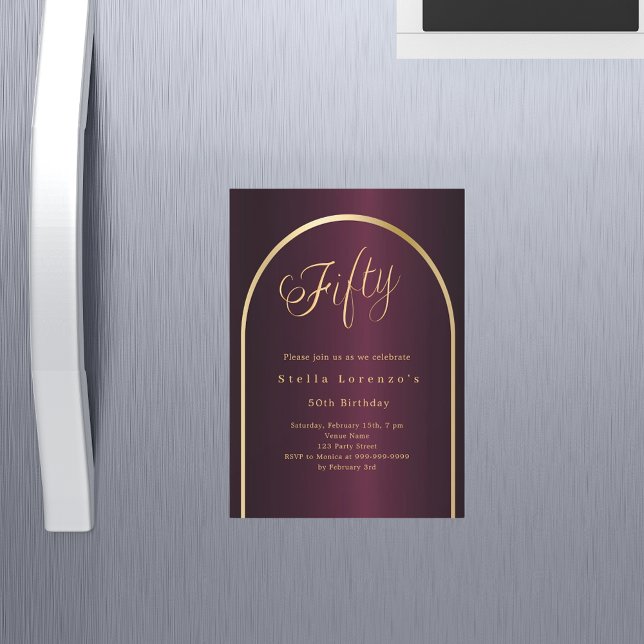 50th birthday burgundy gold arch script luxury magnetic invitation (Creator Uploaded)