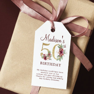 50th Birthday Burgundy Gold Floral Personalised Gift Tags