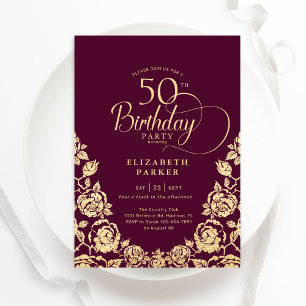 50th Birthday Burgundy Gold Roses Invitation