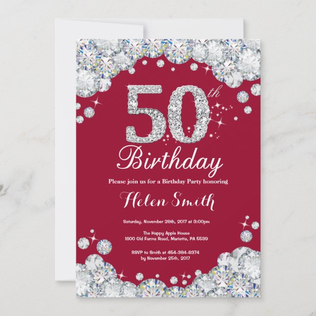 50th Birthday Burgundy Red and Silver Diamond Invitation (Front)