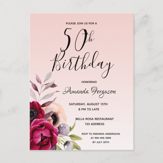 50th birthday burgundy rose gold floral invitation postcard (Front)