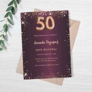 50th birthday burgundy rose gold invitation