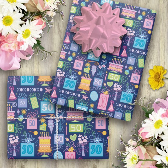 50th Birthday Cake Presents Balloons Blue Wrapping Paper Sheet (Creator Uploaded)