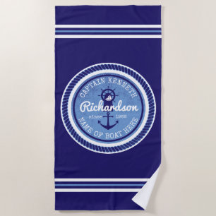 50th Birthday Captain Nautical Rope Anchor Helm Beach Towel