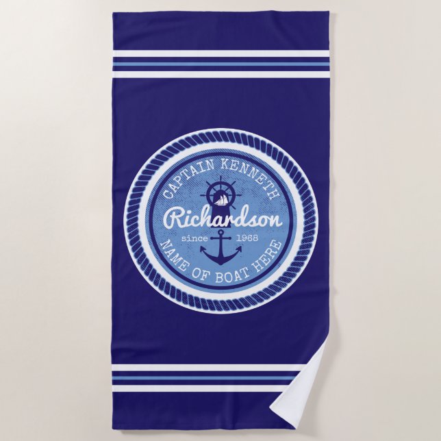 50th Birthday Captain Nautical Rope Anchor Helm Beach Towel (Front)