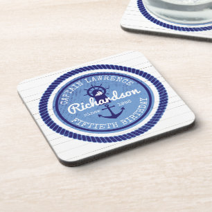 50th Birthday Captain Nautical Rope Anchor Helm Coaster