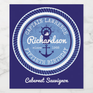 50th Birthday Captain Nautical Rope Anchor Helm Wine Label