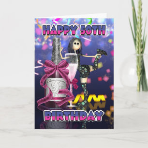 50th Birthday Card - Champagne Rag Doll