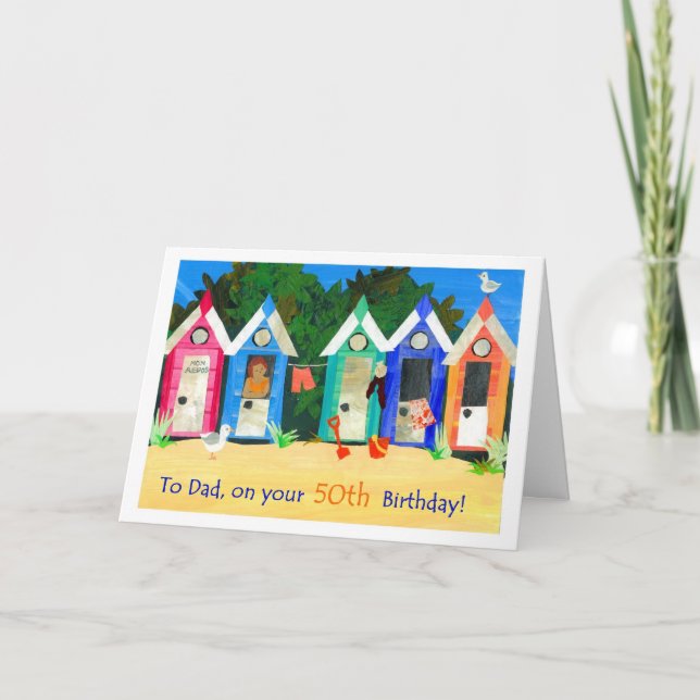 50th Birthday Card for a Father - Beach Huts (Front)