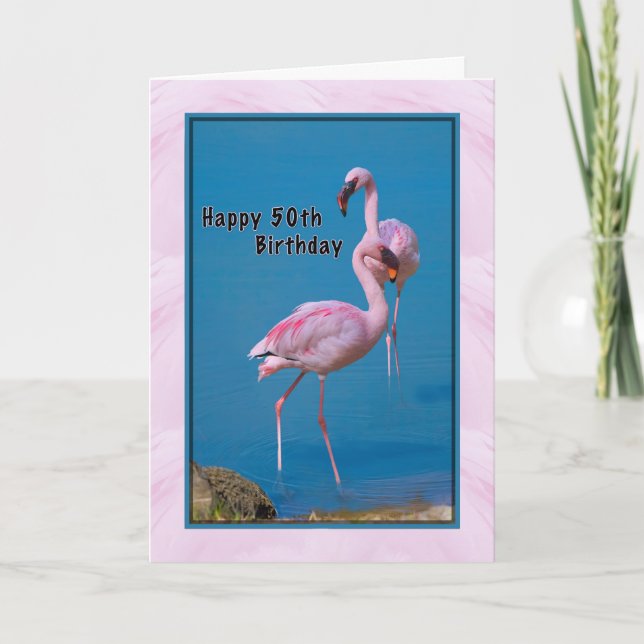 50th Birthday Card with Pink Flamingo (Front)
