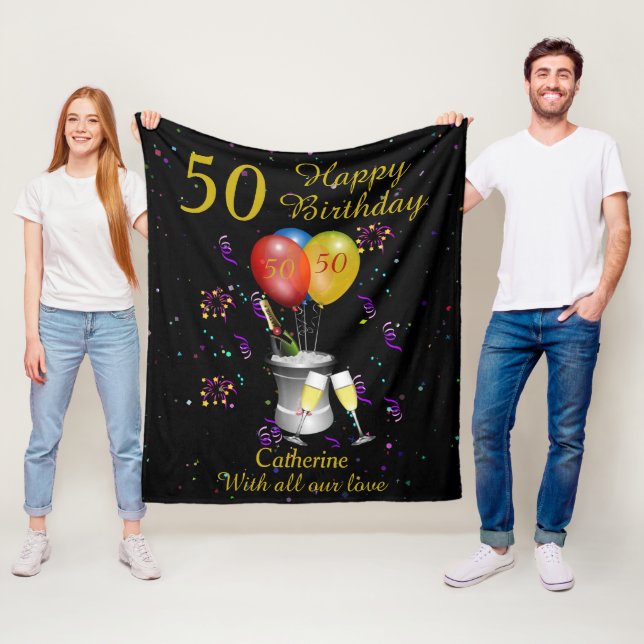 50th Birthday Celebration Black Gold Fleece Blanket (In Situ)