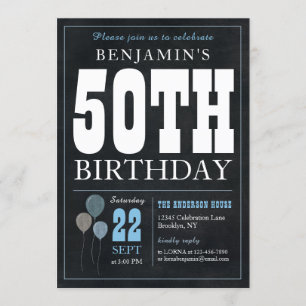 50th Birthday Chalkboard Blue Balloon Rustic Chic Invitation