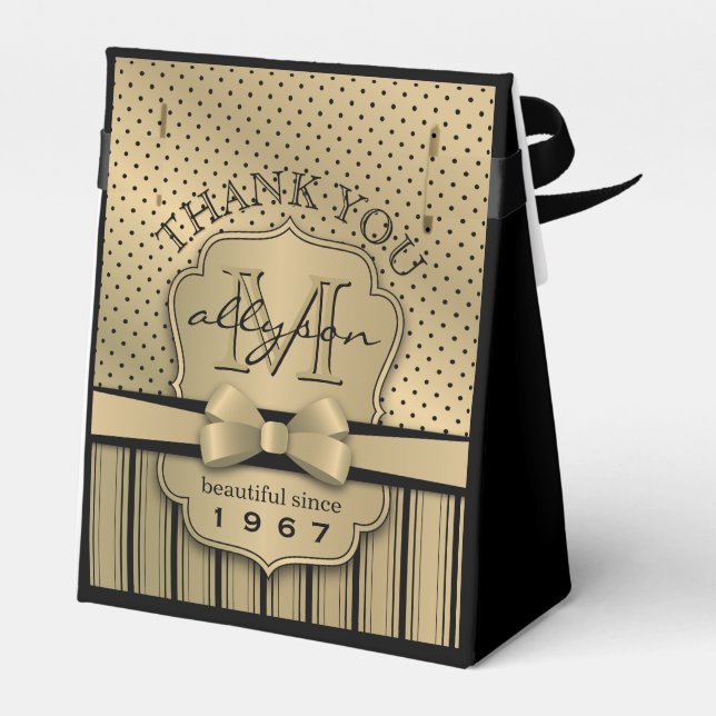 50th Birthday Champagne Gold Polka Dot Stripes Bow Favour Box (Back Side)