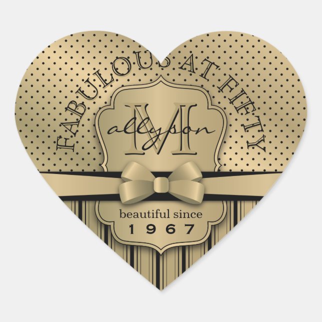 50th Birthday Champagne Gold Polka Dot Stripes Bow Heart Sticker (Front)