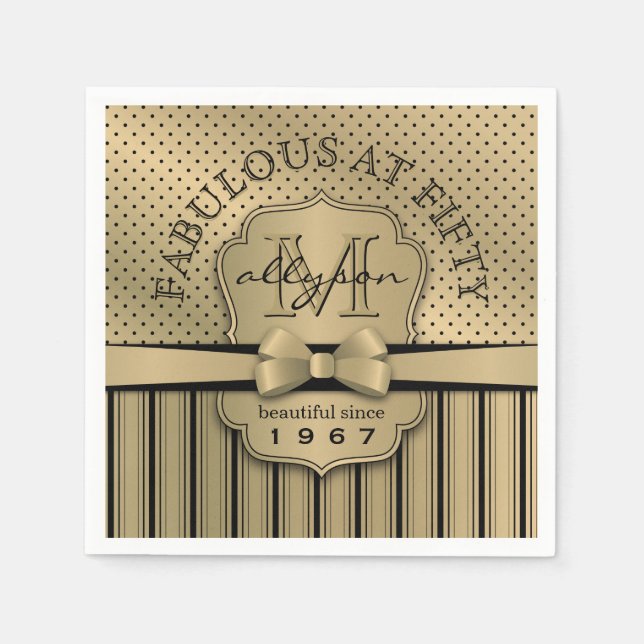 50th Birthday Champagne Gold Polka Dot Stripes Bow Napkin (Front)
