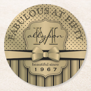 50th Birthday Champagne Gold Polka Dot Stripes Bow Round Paper Coaster