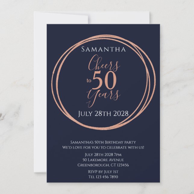 50th Birthday Cheers 50 Years Navy Rose Gold Party Invitation (Front)