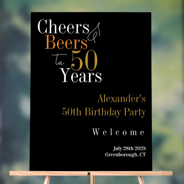 50th Birthday Cheers and Beers Black Gold Party Acrylic Sign (Neutral)