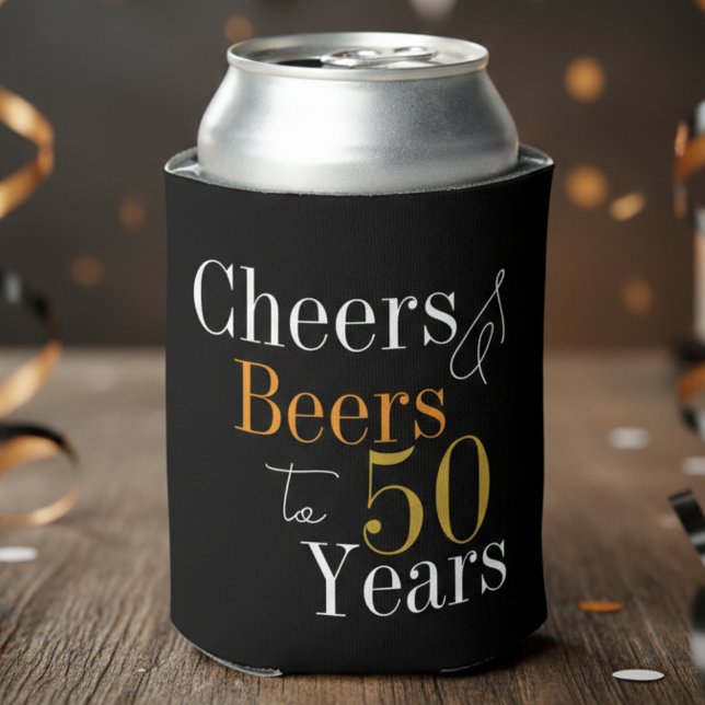 50th Birthday Cheers and Beers Black Gold Party Can Cooler (Creator Uploaded)
