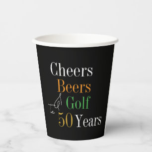 50th Birthday Cheers and Beers Golf Black and Gold Paper Cups