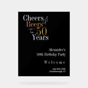 50th Birthday Cheers Beers Black Gold Welcome Acrylic Sign