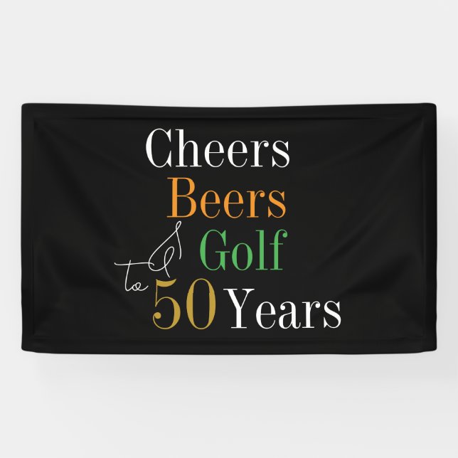 50th Birthday Cheers Beers Golf Black Gold Party Banner (Horizontal)