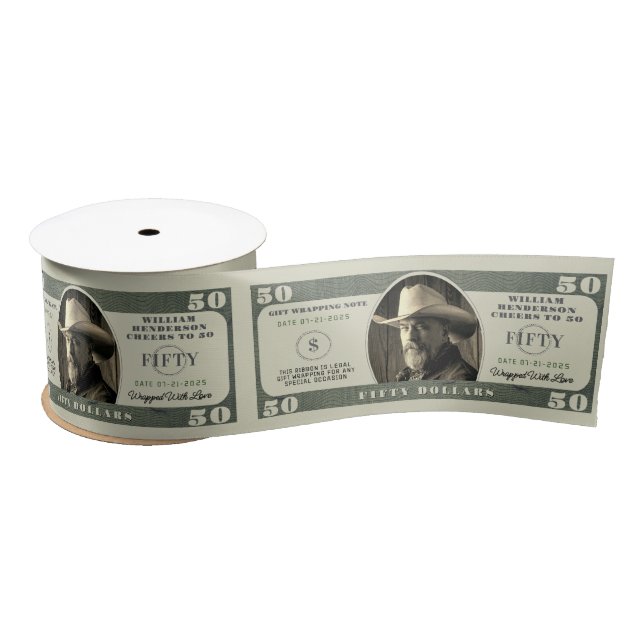 50th Birthday Cheers to 50 Dollar Bill Satin Ribbon (Spool)